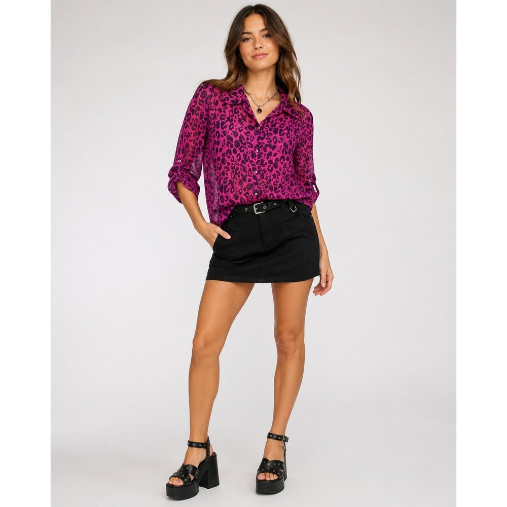 Hello Kitty Button‎ Front Top Womens Small Pink Animal Print Sheer Polyester